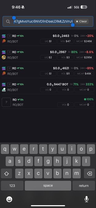 A screenshot of a mobile search results page for the token address "47G...L22vru" displayed on a memecoin trading platform, showing 5 listings paired with both "$BOT" and "RO/BOT," which supports the user's claim of launching a coin paired with BOT and flagging that competitors followed quickly.