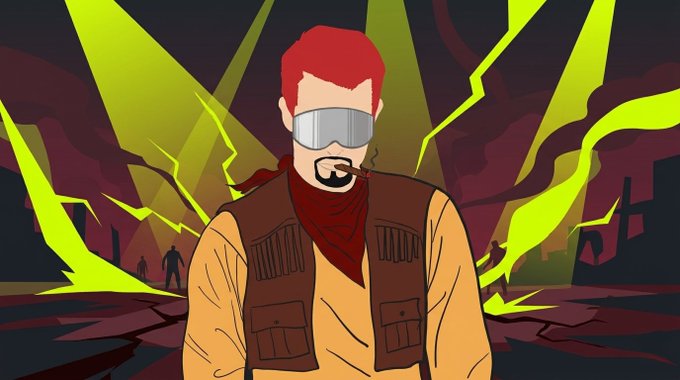 A digital illustration of a stylized cowboy figure wearing mirrored sunglasses, a red bandana, and a brown vest, smoking a cigar against a backdrop of jagged yellow lightning and a desolate landscape.