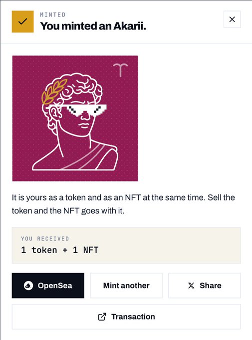 A digital confirmation screen that reads 'You minted an Akarii,' showing a magenta illustration of a classical bust wearing pixelated sunglasses and a laurel wreath, with options to view on OpenSea, Mint another, or Share.