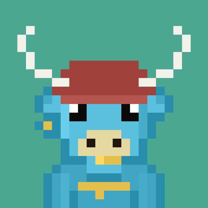 A pixel art image of a blue, horned alien-like creature wearing a red cap against a teal background, which appears to be the NFT "Alien Bulltoshi" that sold for 37.38 SOL, combining elements of alien, bull, and the Shiba Inu dog meme with a Bitcoin "₿" necklace.