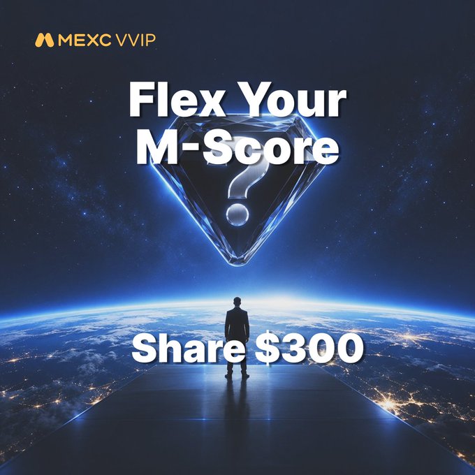 A promotional graphic for MEXC VVIP's "Flex Your M-Score" campaign features a person silhouetted against a glowing Earth from space, with a large diamond containing a question mark overhead, advertising a $300 prize pool to be shared by 15 winners who share their M-Score screenshots before September 30.