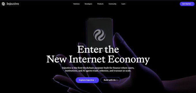 A website landing page for Injective blockchain with the headline 'Enter the New Internet Economy,' describing it as the first blockchain purpose-built for finance where users, institutions, and AI agents can trade, tokenize, and transact at scale.