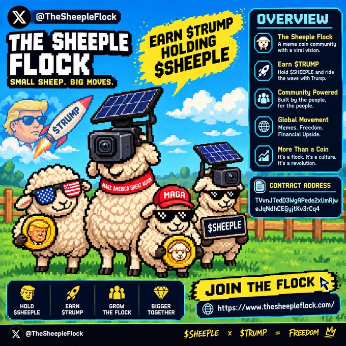 Promotional graphic for 'The Sheeple Flock' cryptocurrency meme coin featuring pixel art sheep with solar panels and cameras, with text including 'EARN $TRUMP HOLDING $SHEEPLE', 'MAKE AMERICA GREAT AGAIN', 'MAGA', and the contract address TVvnJTedD3WqAPedeZxUmRijweJqNdhCEGjgvtKv3rCq4.