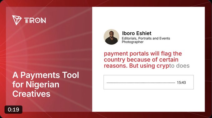 A video thumbnail by Iboro Eshiet (Editorials, Portraits and Events Photographer) titled 'A Payments Tool for Nigerian Creatives' by TRON, with text discussing payment portals and crypto.