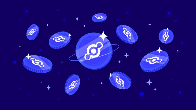 The image shows blue coins featuring the Helium logo floating in a starry, space-themed background, with a central glowing planet. This visual aligns with the post about Helium (HNT) surging 88%, using cosmic imagery to emphasize the cryptocurrency's astronomical rise driven by Celina, Texas adopting Helium's network and a major short squeeze.