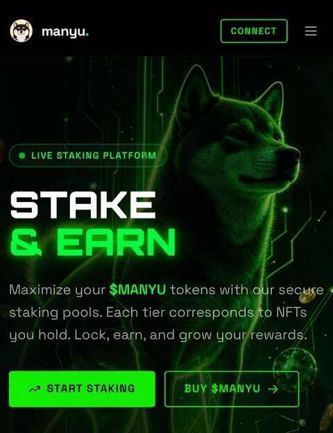 The image features a website called "MANYU Frens" that has just launched its Manyu Staking DApp. The app is about to go live soon, as indicated by the green neon text at the top of the screen. The post also mentions that all remaining un-minted Manyu tokens will be burned for good in approximately 2 days. This means that once the app goes live, these tokens will no longer be usable and will be permanently gone from existence. The website also provides information on how to buy Manyu tokens with $MANYU.