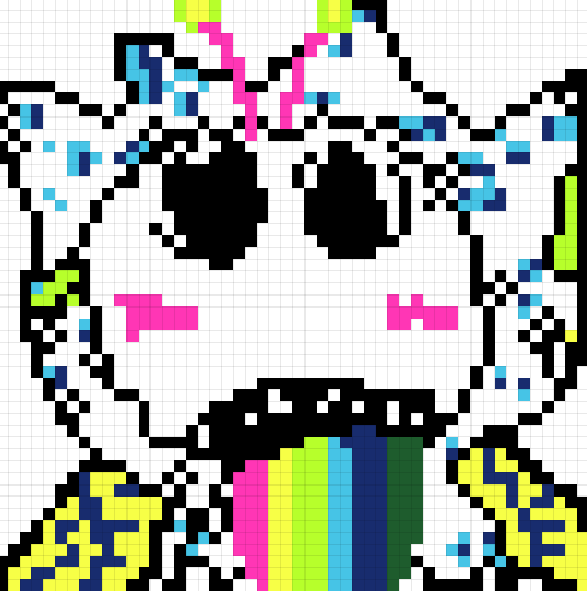 A colorful pixel art portrait of a face with black hollow eyes, a wide black smile, and rainbow-colored hair and shirt on a white grid background.