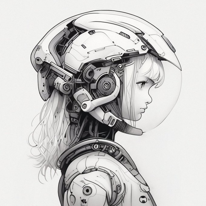 A detailed black and white line art drawing of a female cyborg or robot in profile, wearing a mechanical helmet and armor with visible joints and wires.