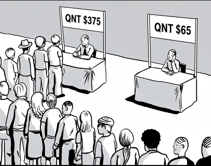 A black-and-white cartoon showing two booths, one with a long line of people labeled 'QNT $375' and an empty booth labeled 'QNT $65', illustrating market inefficiency.