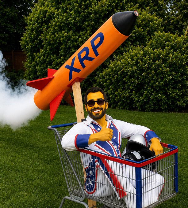 A man in an American flag-themed suit sits in a shopping cart next to a rocket labeled "XRP," launching skyward through smoke. The image playfully captures the post's message about being emotionally unprepared for a bull run—showing someone strapped in but caught off guard as the XRP rocket takes off faster than expected.