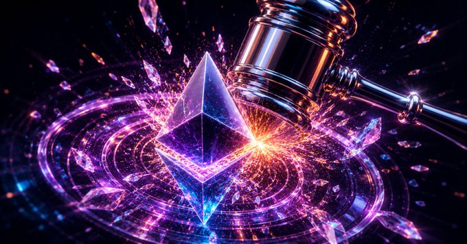 A gavel striking the Ethereum logo surrounded by glowing purple crystals and light rays on a dark background.