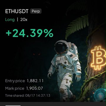 The image displays a screenshot of an ETHUSDT perpetual long position with 20x leverage showing a +24.39% gain, with an entry price of 1,882.11 and mark price of 1,905.07, held since 08/17 14:37:13. The post aligns with this visual by suggesting the trader is considering closing their profitable Ethereum position to "ride" the upward momentum, while acknowledging potential pullback risks.

A suitable caption: "ETHUSDT perpetual long position up +24.39% with 20x leverage after a week, entry 1,882.11 / mark 1,905.07—trader weighs closing now to ride the moon or holding through a likely pullback."