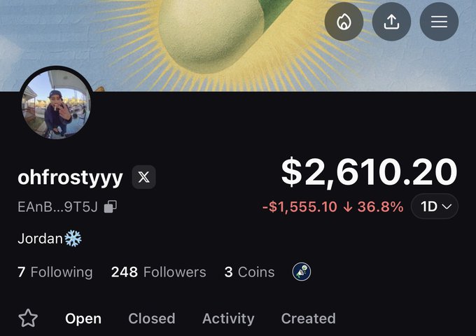 A profile page for user "ohfrostyyy" from Jordan displays a portfolio value of $2,610.20 with a daily loss of $1,555.10 (36.8%) on the Pumpfun app, showing 7 following, 248 followers, and 3 coins. The image relates to the post as the user is requesting followers interested in tracking successful crypto callers, with their profile showcasing their trading activity on the platform.