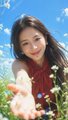A young woman with long dark hair, wearing a red top, reaches toward the camera in a field of white wildflowers under a bright blue sky, capturing the dreamy, springtime aesthetic of the Flova-made music video. The serene natural setting reflects the post's poetic caption "花海尽头，是更远的地方" (Beyond the flower sea, lies a place even further), with the creator credited to @heyibinance using #Flovaai.