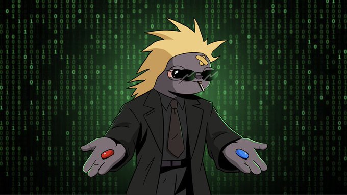 An animated character with spiky blonde hair, sunglasses, and a black suit stands against a green digital Matrix-style background, holding out hands with red and blue pills.