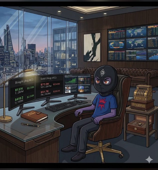 A cartoon-style illustration of a masked crypto trader sitting in a luxury office with multiple trading monitors, with a city skyline in the background and a cash register nearby.