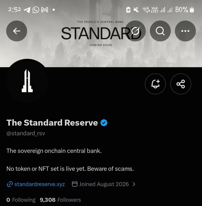 A screenshot of an X profile for 'The Standard Reserve' (@standard_rsv), described as 'The sovereign onchain central bank' and marked 'COMING SOON'.