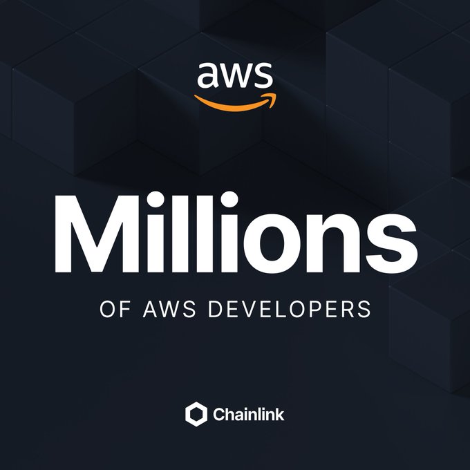 The image features a black background with white text that reads "Millions of Developers of @aws developers" and "chains link". The text is surrounded by small blocks, which gives the impression of a 3D effect or a patterned design. The image also includes an Amazon logo in the bottom right corner.