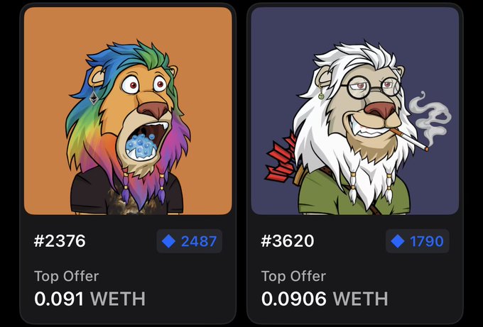 Two NFT listing cards showing cartoon lion characters: #2376 with a rainbow mane holding a blue gem priced at 0.091 WETH (top offer) with ETH price 2487, and #3620 with white mane smoking a cigarette priced at 0.0906 WETH (top offer) with ETH price 1790.