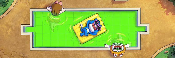 A cartoon top-down view shows two characters lounging on yellow pool floats in a bright green swimming pool, with no visible text. The whimsical, relaxing scene appears to be used as a fun visual backdrop for the Solana airdrop giveaway promotion rather than containing any related textual content.