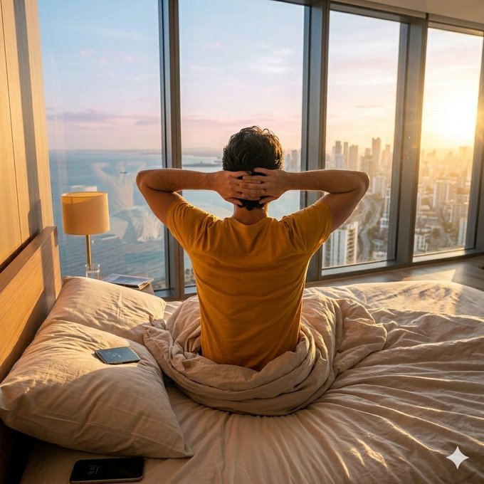 A person in a yellow shirt sits on a bed facing floor-to-ceiling windows, looking out at a city skyline and waterfront at sunset with their hands behind their head.
