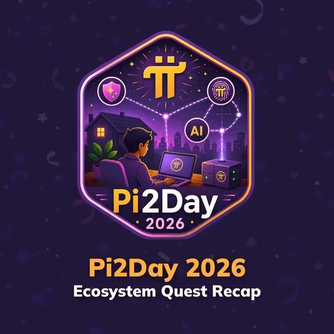 A hexagonal Pi2Day 2026 badge features a person at a laptop with the Pi symbol, AI chip, and fingerprint icons, celebrating the Ecosystem Quest recap. The image aligns with the post by visually representing the special-edition badge earned by over 1.78 million Pioneers who completed all quest steps.