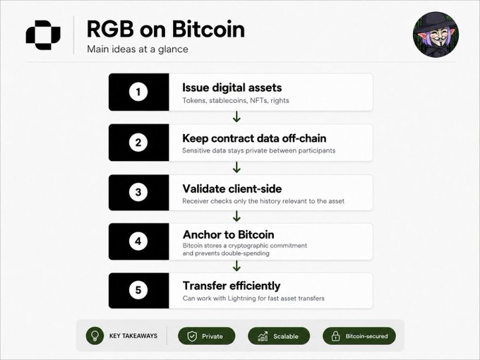 An infographic titled 'RGB on Bitcoin' outlines 5 main ideas: Issue digital assets, Keep contract data off-chain, Validate client-side, Anchor to Bitcoin, and Transfer efficiently, highlighting key takeaways of Private, Scalable, and Bitcoin-secured.