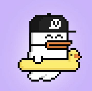A pixel art character resembling a white duck wearing a black 'W' cap sits inside a yellow inflatable duck float against a solid light purple background.