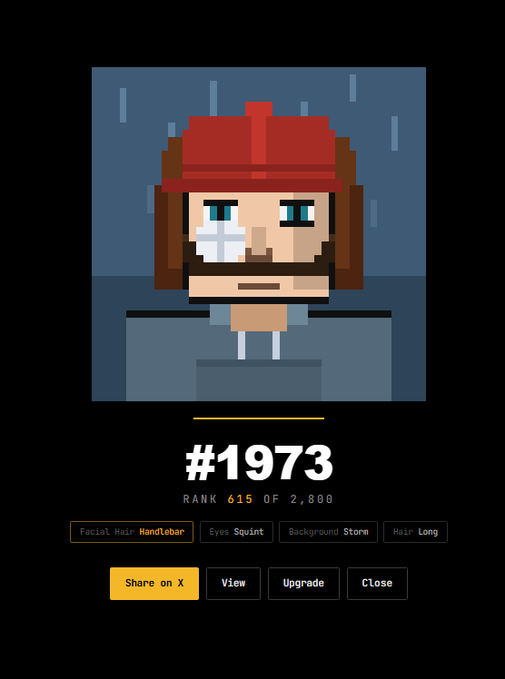 A pixel art character profile displaying #1973, rank 615 of 2,000, featuring a red hat, squinting eyes, long hair, a bandaged face, and a stormy background.