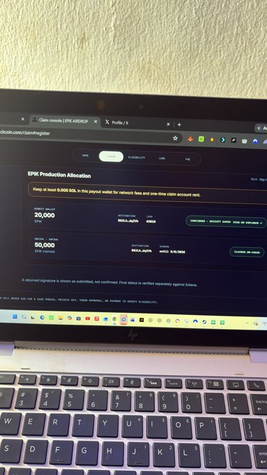 A photo of an HP laptop screen displaying the Chain Claims dashboard with EPK production allocation details, showing 20,000 EPIC claimed and 50,000 EPK staked.
