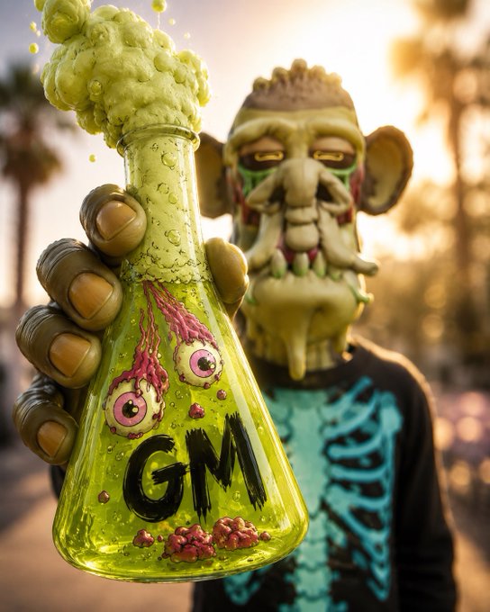 A 3D-rendered zombie-like creature holding a bubbling green flask labeled 'GM' with eyeballs and brains inside, set against a sunset backdrop with palm trees.