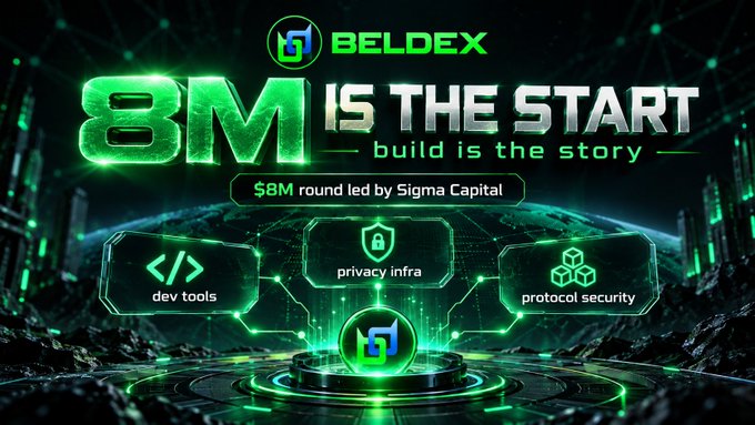 Promotional graphic for BELDEX announcing '8M IS THE START - build is the story' with an $8M funding round led by Sigma Capital, highlighting dev tools, privacy infra, and protocol security.