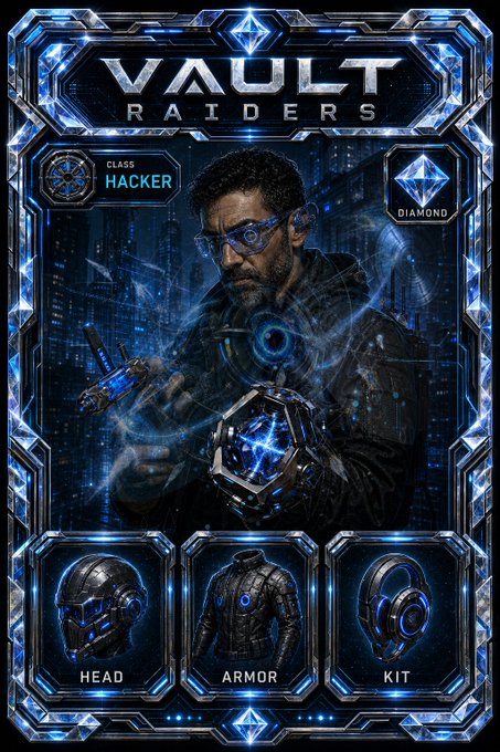A stylized "Vault Raiders" NFT trading card featuring a "HACKER" class character in futuristic tactical gear holding a glowing blue cube, with "DIAMOND" rarity and equipment slots labeled "HEAD," "ARMOR," and "KIT." The cyberpunk-themed card visually aligns with the post's class spotlight, showcasing the hacker's specialized tools for digital infiltration and system disruption within the Vault.