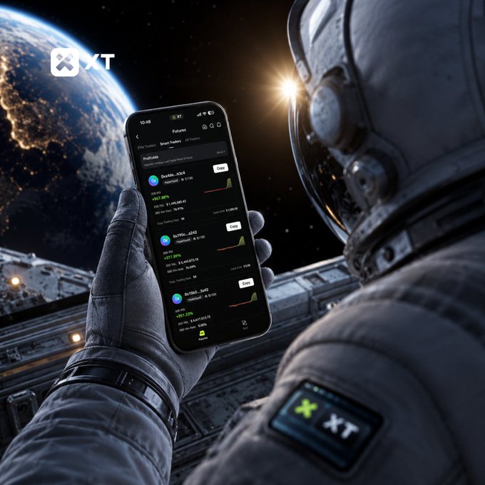 An astronaut holds up a smartphone displaying the XT app's Smart Trades Copy Trading interface, set against a stunning view of Earth from space, symbolizing the "out-of-this-world" opportunities in crypto trading. The screen shows multiple profitable trades including tickers like DYM, SUI, and others with significant gains such as +277.49%, reinforcing the post's message about leveraging Smart Money traders on Hyperliquid during volatile market conditions.