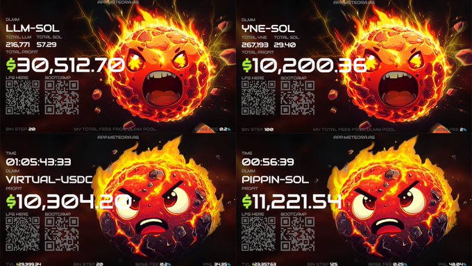 Four meme coin promotional panels featuring angry fiery planet graphics, displaying 'LLM-SOL' ($30,512.70), 'YNE-SOL' ($10,200.36), 'VIRTUAL-USDC' ($10,304.2), and 'DIPPIN-SOL' ($11,221.54) with QR codes.