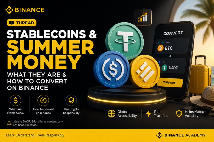 Binance Academy educational thumbnail titled 'STABLECOINS & SUMMER MONEY: WHAT THEY ARE & HOW TO CONVERT ON BINANCE', featuring USDT, USDC, and BUSD coin graphics.