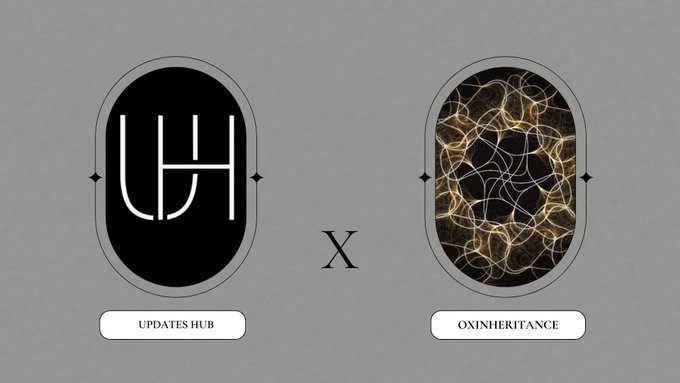 A logo design featuring two oval emblems with 'UH' and abstract patterns, labeled 'UPDATES HUB' and 'OXINHERITANCE' connected by an 'X'.