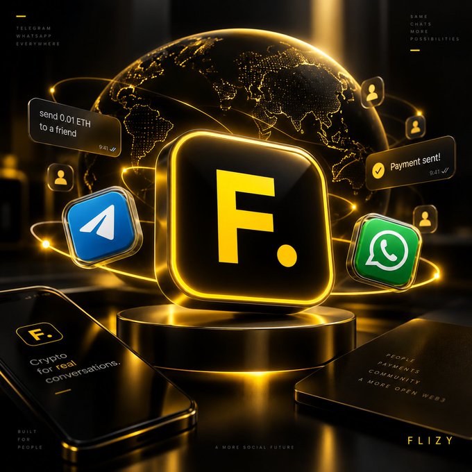 A promotional graphic for a cryptocurrency messaging app called 'F.' or 'FLIZY', displaying a gold app icon alongside the Telegram and WhatsApp logos, with text highlighting features like 'send 0.01 ETH to a friend' and 'Crypto for real conversations.'