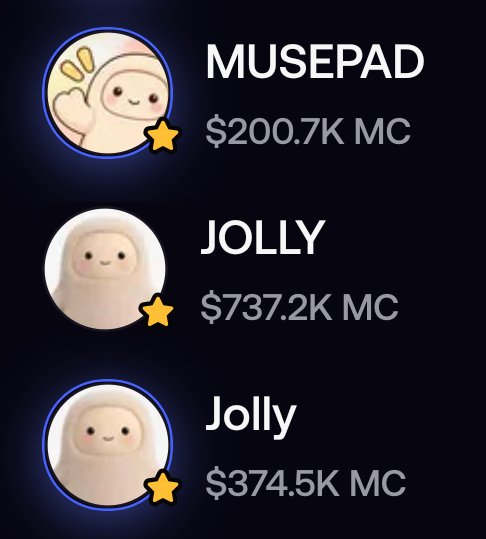 A list of three digital collectible items: 'MUSEPAD' at $200.7K MC, 'JOLLY' at $737.2K MC, and 'Jolly' at $374.5K MC, all featuring cute character icons with gold stars.