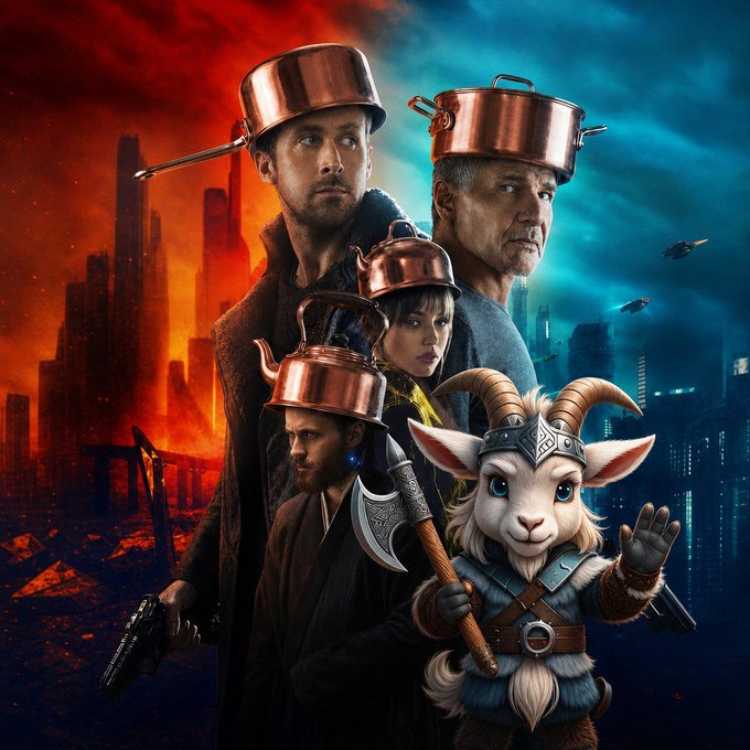A movie poster-style image featuring several people with copper pots on their heads alongside a goat warrior character, set against a futuristic apocalyptic backdrop.