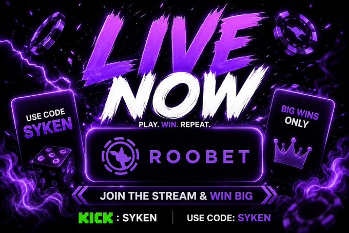 A promotional graphic with purple neon styling advertising a Roobet live stream, featuring the text 'LIVE NOW', 'PLAY. WIN. REPEAT.', and promo code 'SYKEN' for use on Kick.
