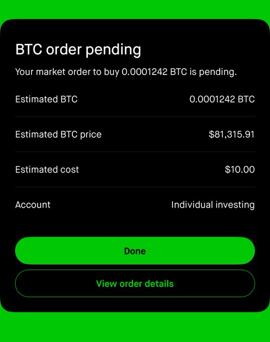 A Robinhood order confirmation screen showing a pending BTC market order for 0.0001242 BTC at an estimated price of $81,315.91, totaling $10.00 from an Individual investing account.