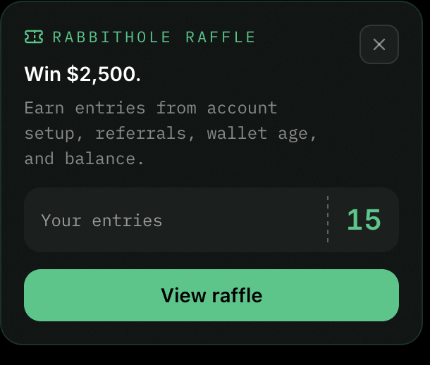 A 'Rabbithole Raffle' pop-up notification showing a chance to win $2,500 by earning entries from account setup, referrals, wallet age, and balance, with the user currently having 15 entries.