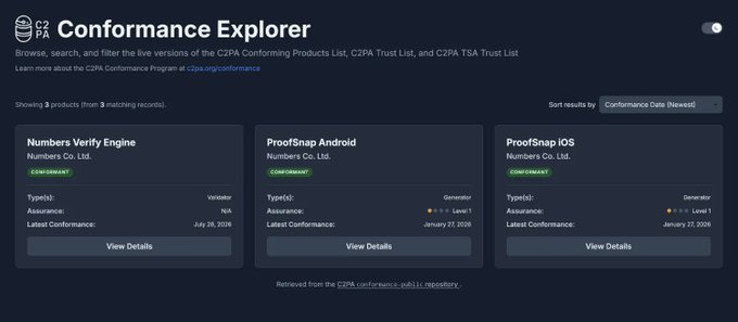 A dashboard for C2PA Conformance Explorer displaying three conforming products: Numbers Verify Engine, ProofSnap Android, and ProofSnap iOS from Numbers Co. Ltd.