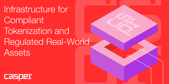 A vibrant red and purple promotional graphic featuring 3D cube illustrations and the headline "Infrastructure for Compliant Tokenization and Regulated Real-World Assets," with the Casper logo at the bottom, visually reinforcing the post's emphasis on Casper's infrastructure role for regulated RWA use cases.