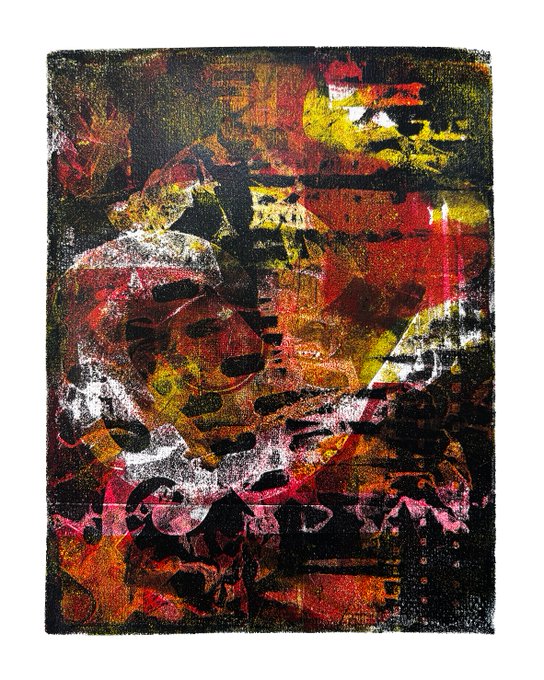 An abstract digital artwork featuring layered textures and splashes of red, yellow, pink, and black over a grainy background.