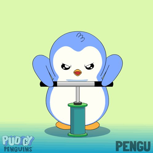 The image features a cartoon penguin holding a barbell with weights attached to it while standing on its hind legs. The penguin appears to be exercising or lifting the barbell, which suggests that it might be a fitness-related post. The caption of the image reads "Puggy Penguin" and "Good morning CT Are you done taking profit now? Almost time to go risk-on again, be prepared! Have a great weekend $BTC". This implies that there is an advertisement for a weight loss or exercise program related to penguins in the image.
