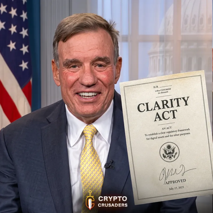 Senator Mark Warner is pictured alongside a document titled "CLARITY ACT" (H.R. 118th Congress, 1st Session), an act "To establish a clear regulatory framework for digital assets and for other purposes," marked as APPROVED July 17, 2025. The image supports the post's message of Warner advocating for the Clarity Act's passage to position America as a leader in digital assets, encouraging XRP and crypto holders to "hang tight."