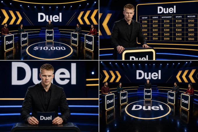 The image shows a game show called "Duel" with contestants standing at podiums, a "$10,000" prize display, and a host at a board showing categories like Nature, Science, Entertainment, Sports, and Wildcard with values ranging from $100-$500.

The connection appears to be a promotional tie-in: the host (associated with a crypto giveaway featuring $SOL, or Solana) is using the game show imagery to draw attention to their contest where they'll send cryptocurrency to winners in the replies.