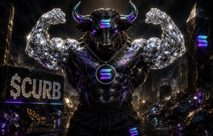 Crypto promotional artwork featuring a muscular bull with glowing purple eyes flexing in a dark, crystal-filled environment, branded with the $CURB logo and Solana logo.